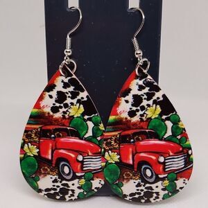 Pickup truck earrings teardrop faux leather cow farm new d88‎